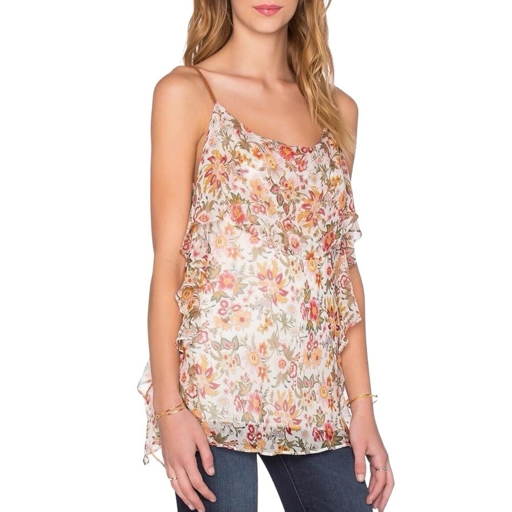 BAILEY 44 Silk Tunic Top Women’s L Floral Multicolor Braided Strap Sheer Ruffle